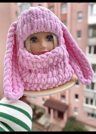 Плюшевая детская балаклава с ушками зайца теплая handmade шапка alize puffy