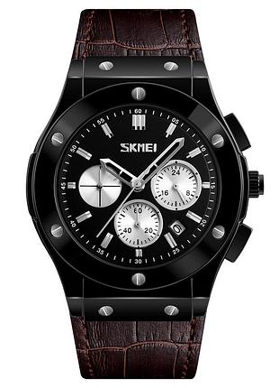 Мужские наручные часы skmei 9157bn brown leather с коричневым кожаным ремешком