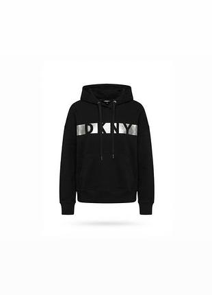 Стильне брендове чорне худі dkny з металізованим логотипом (оригінал, ідеальний стан, розмір m)