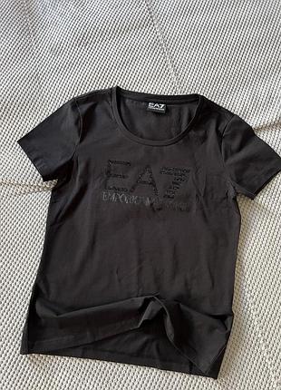 Чорна жіноча футболка ea7 emporio armani з коротким рукавом, круглим вирізом та фірмовим логотипом із кристалами/стразами