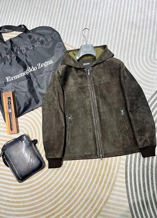 Чоловіча куртка бомбер з капюшоном натуральна замша zegna