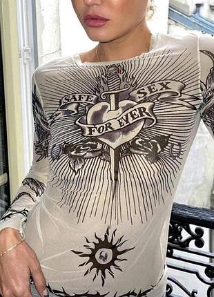 Лонгслив-тату / jean paul gaultier "safe sex forever" / лонг сетка l