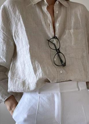 Бежева пряма лляна сорочка h&m xs /s 100 % linen