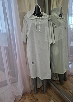 Котоново-льняное с карманами и капюшоном платье 👗, худи италия