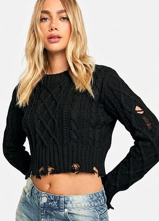 Новый укороченный свитер prettylittlething distressed cable knitдка detail cropped jumper кофта джемпер