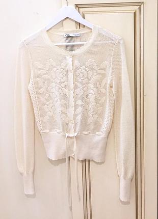 Новый.свитер кроше zara romantic style ecru cotton knit crochet cardigan из свежих коллекций