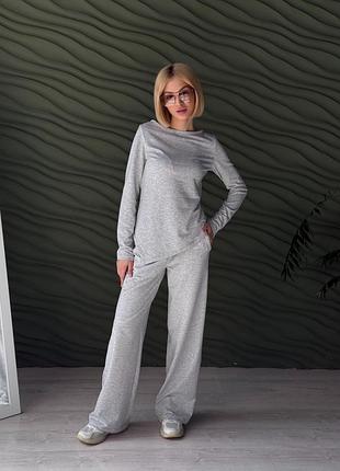 Костюм жіночий з асиметричним лонгслівом, двонитка, бежевий, сірий