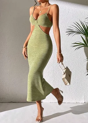 Женское зеленое платье миди с вырезами shein petite cut out waist cami dress размер s