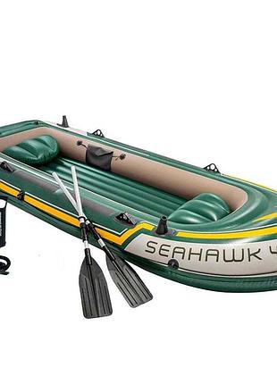 Чотиримісний надувний човен intex 68351 seahawk 4 set, 351 х 145 см, (весла, ручний насос). 3-х камерний