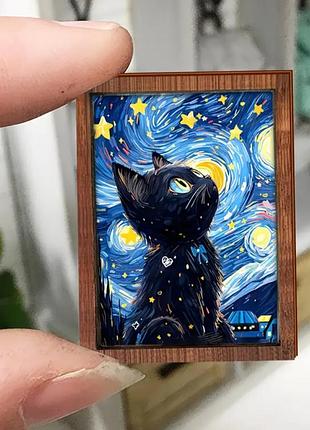 Магнит, миниатюра кот ван гог звездная ночь, картина ван гог дерево 4,5×6 см