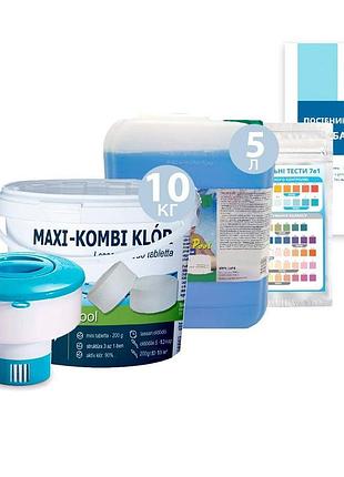Набір для щоденної дезінфекції «аква догляд» inpool 80555 (макс таблетки «комбі хлор 3в1» 10 кг, дозатор макс, альгекс топ 5 л,