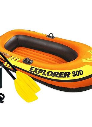 Двомісний надувний човен intex 58332 explorer 300 set, 211 х 117 см, (весла, ручний насос). 2-х камерний