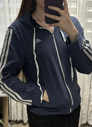 Зіп худі кофта на замку в стилі adidas темно синя з капюшоном без утеплення