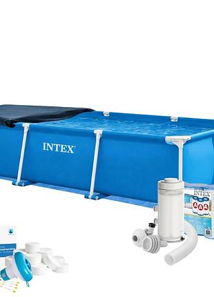 Каркасний басейн max intex 28271-7в1, 260 х 160 х 65 см (басейн, підстилка, фільтр 2 006 л/год, картриджі, альгенікс, хлор