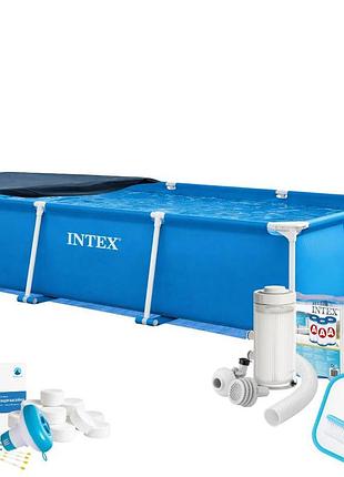 Каркасний басейн max intex 28272-9в1, 300 х 200 х 75 см (басейн, підстилка, фільтр 2 006 л/год, картриджі, альгенікс, хлор