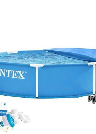 Каркасний басейн intex 28205-5в1, 244 х 51 см (басейн, підстилка, альгенікс, хлор таблетки, тент)