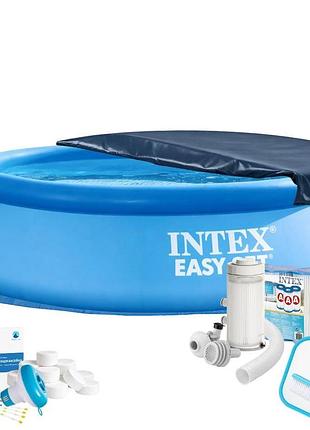 Надувний басейн maxpro intex 28110-10в1, 244 х 76 см (басейн, підстилка, насос, фільтр 2 006 л/год, картриджі, альгенікс, хлор