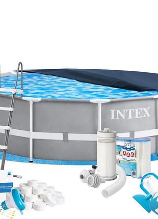 Каркасний басейн max intex 26718fr-10в1, 366 х 122 см (басейн, підстилка, драбина, фільтр 3 785 л/год, картриджі, альгенікс, хлор