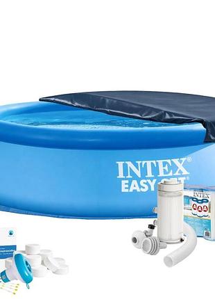 Надувний басейн max intex 28110-8в1, 244 х 76 см (басейн, підстилка, насос, фільтр 2 006 л/год, картриджі, альгенікс, хлор
