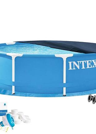Каркасний басейн intex 28200-5в1, 305 х 76 см (басейн, підстилка, альгенікс, хлор таблетки, тент)