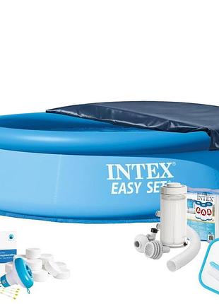 Надувний басейн max intex 28120-10в1, 305 х 76 см (басейн, підстилка, насос, фільтр 2 006 л/год, картриджі, альгенікс, хлор