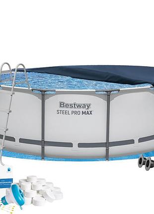 Каркасний басейн bestway 56420-6в1, 366 х 122 см (басейн, підстилка, драбина, альгенікс, хлор таблетки, тент)