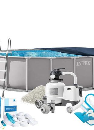 Каркасный бассейн max intex 26756-10в1, 610 х 132 см (бассейн, подстилка, лестница, фильтр 10 500 л/ч, песок, альгеникс, хлор