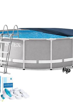Каркасний басейн intex 26724-6в1 457 х 107 см (басейн, підстилка, драбина, альгенікс, хлор таблетки, тент)