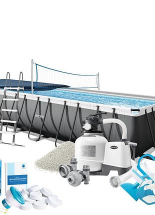 Каркасний басейн max intex 26368-11, 732 х 366 х 132 см (басейн, підстилка, драбина, фільтр 10 500 л/год, пісок, альгенікс, хлор
