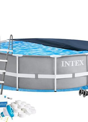 Каркасний басейн intex 26718fr-6в1, 366 х 122 см (басейн, підстилка, драбина, альгенікс, хлор таблетки, тент)