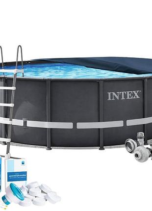 Каркасный бассейн intex 26330-6в1, 549 x 132 см (бассейн, подстилка, лестница, альгеникс, хлор таблетки, тент)