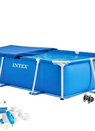 Каркасний басейн intex 28270-5в1, 220 х 150 х 60 см (басейн, підстилка, альгенікс, хлор таблетки, тент)