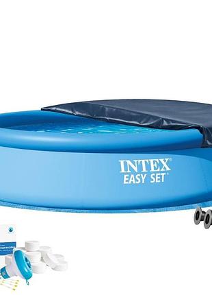 Надувний басейн intex 28143-6в1, 396 х 84 см (басейн, підстилка, насос, альгенікс, хлор таблетки, тент)