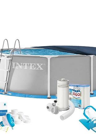 Каркасний басейн maxpro intex 26706-10в1, 305 х 99 см (басейн, підстилка, драбина, фільтр 3 785 л/год, картриджі, альгенікс, хлор