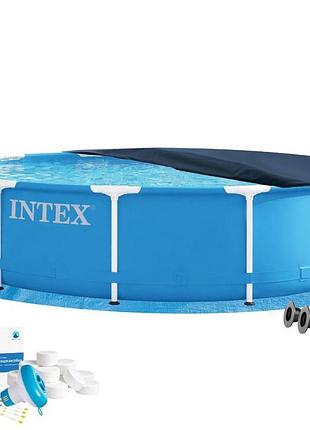 Каркасний басейн intex 28210-5в1, 366 х 76 см (басейн, підстилка, альгенікс, хлор таблетки, тент)