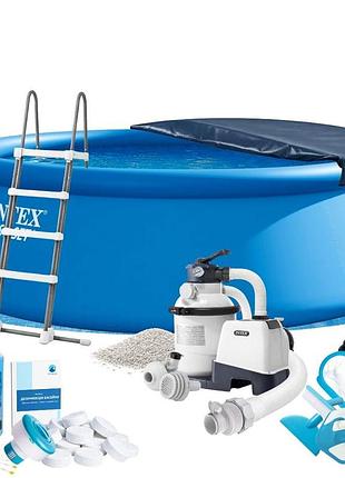 Надувний басейн max intex 26168-11в1, 457 х 122 см (басейн, підстилка, насос, драбина, фільтр 5 700 л/год, пісок, альгенікс, хлор