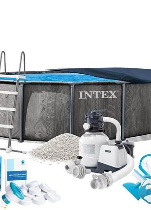 Каркасный бассейн max intex 26742-10в1, 457 x 122 см (бассейн, подстилка, лестница, фильтр 7 900 л/ч, песок, альгеникс, хлор
