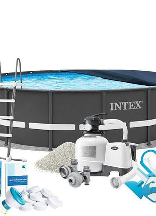 Каркасний басейн max intex 26334-10, 610 х 122 см (басейн, підстилка, драбина, фільтр 10 500 л/год, пісок, альгенікс, хлор