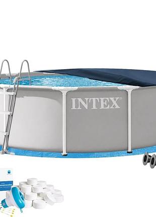 Каркасний басейн intex 26716-6в1, 366 х 99 см (басейн, підстилка, драбина, альгенікс, хлор таблетки, тент)