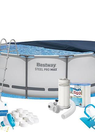 Каркасний басейн max bestway 56420-10в1, 366 х 122 см (басейн, підстилка, драбина, фільтр 3 785 л/год, картриджі, альгенікс, хлор