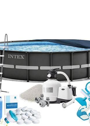 Каркасний басейн max intex 26340-10в1, 732 x 132 см (басейн, підстилка, драбина, фільтр 12 000 л/год, пісок, альгенікс, хлор