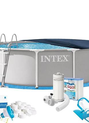Каркасний басейн max intex 26716-10в1, 366 х 99 см (басейн, підстилка, драбина, фільтр 3 785 л/год, картриджі, альгенікс, хлор