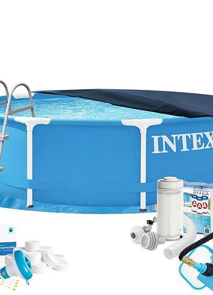Каркасний басейн maxpro intex 28200-10в1, 305 х 76 см (басейн, підстилка, драбина, фільтр 2 006 л/год, картриджі, альгенікс, хлор