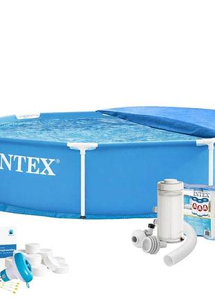 Каркасний басейн max intex 28205-7в1, 244 х 51 см (басейн, підстилка, фільтр 2 006 л/год, картриджі, альгенікс, хлор таблетки,