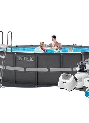 Каркасный бассейн maxpro intex 26326-8, 488 x 122 см (бассейн, подстилка, лестница, фильтр 7 900 л/ч, хлоргенератор 7 г/ч, тент,