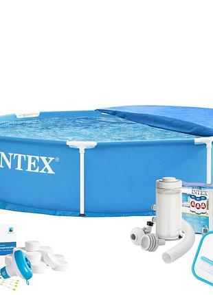 Каркасний басейн maxpro intex 28205-9в1, 244 х 51 см (басейн, підстилка, фільтр 2 006 л/год, картриджі, альгенікс, хлор таблетки,