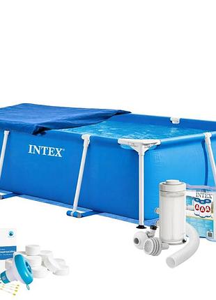 Каркасний басейн max intex 28270-7в1, 220 х 150 х 60 см (басейн, підстилка, фільтр 2 006 л/год, картриджі, альгенікс, хлор