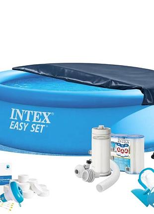 Надувний басейн max intex 28130-10в1, 366 х 76 см (басейн, підстилка, насос, фільтр 3 785 л/год, картриджі, альгенікс, хлор