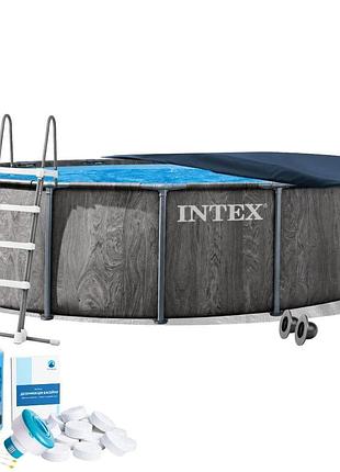 Каркасный бассейн intex 26742-6в1, 457 x 122 см (бассейн, подстилка, лестница, альгеникс, хлор таблетки, тент)