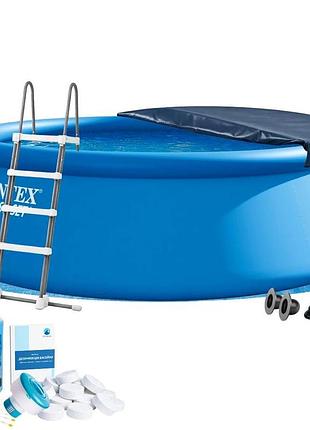 Надувний басейн intex 26168-7в1, 457 х 122 см (басейн, підстилка, насос, драбина, альгенікс, хлор таблетки, тент)